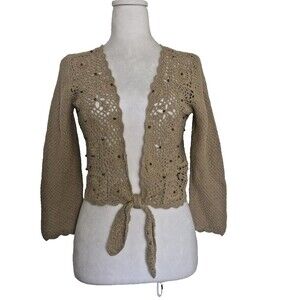 Crochet Knit CARDIGAN Cropped Tie Front Beaded Boho SMALL Tan First Issue